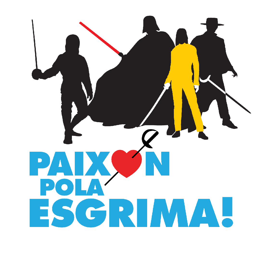 Siluetas dun tirador de esgrima, Darth Vader, El Zorro e a protagonista de Kill Bill. Embaixo, a frase Paixón pola Esgrima.